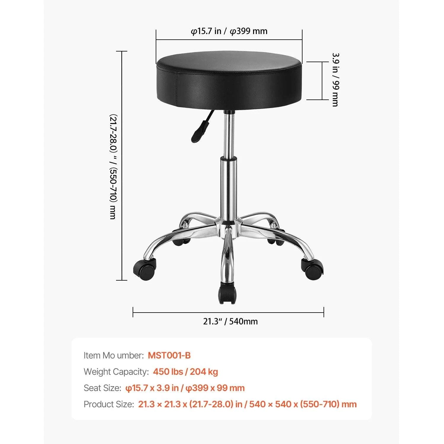 Rolling Stool Chair with Wheels 450 lb Capacity Adjustable Height-Black Back Support / United States