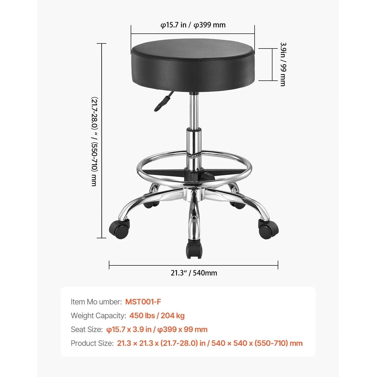 Rolling Stool Chair with Wheels 450 lb Capacity Adjustable Height-Black Back Support / United States