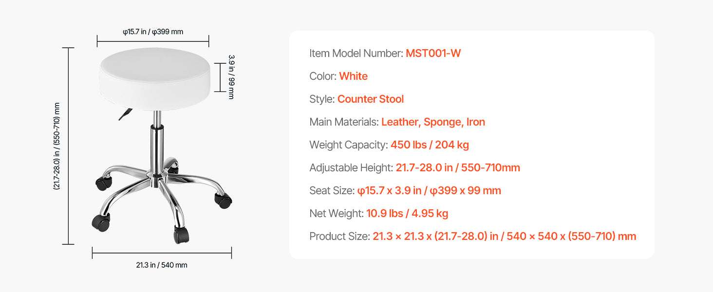 Rolling Stool Chair with Wheels 450 lb Capacity Adjustable Height-Black Back Support / United States