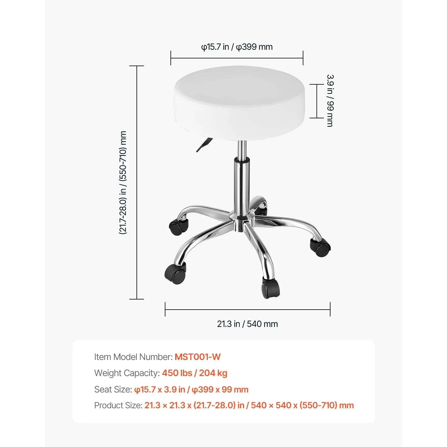 Rolling Stool Chair with Wheels 450 lb Capacity Adjustable Height-Black Back Support / United States