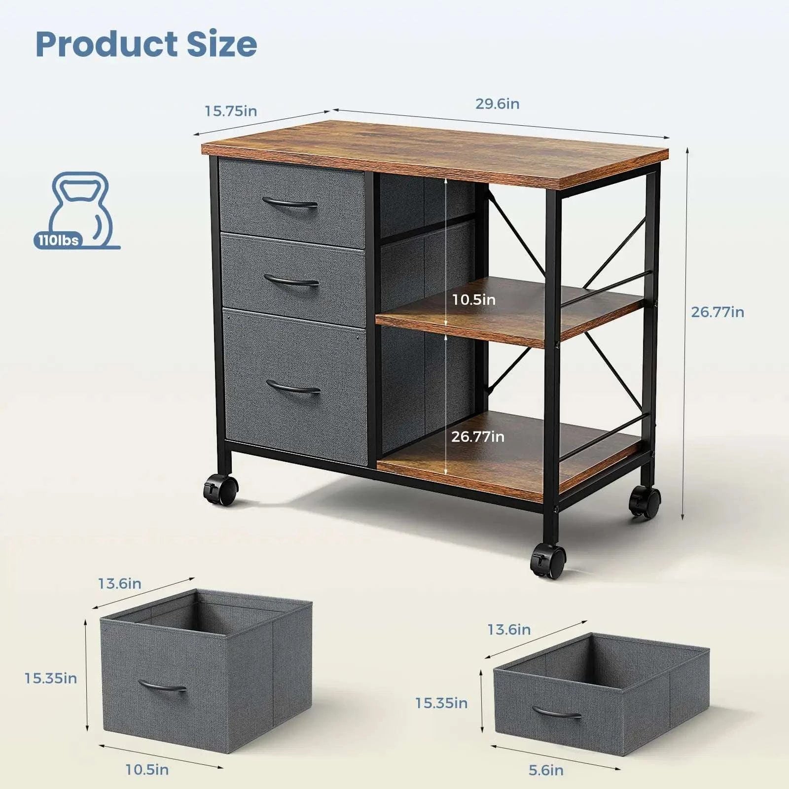 Rolling Storage Cabinet with Fabric Drawers and Steel Frame-Rustic Brown / United States