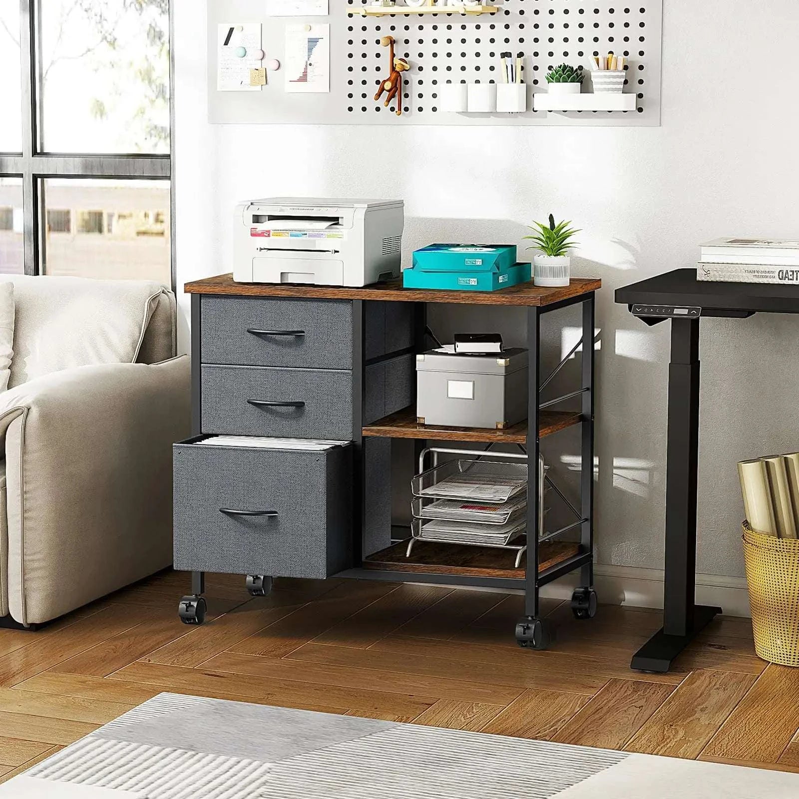 Rolling Storage Cabinet with Fabric Drawers and Steel Frame-Rustic Brown / United States