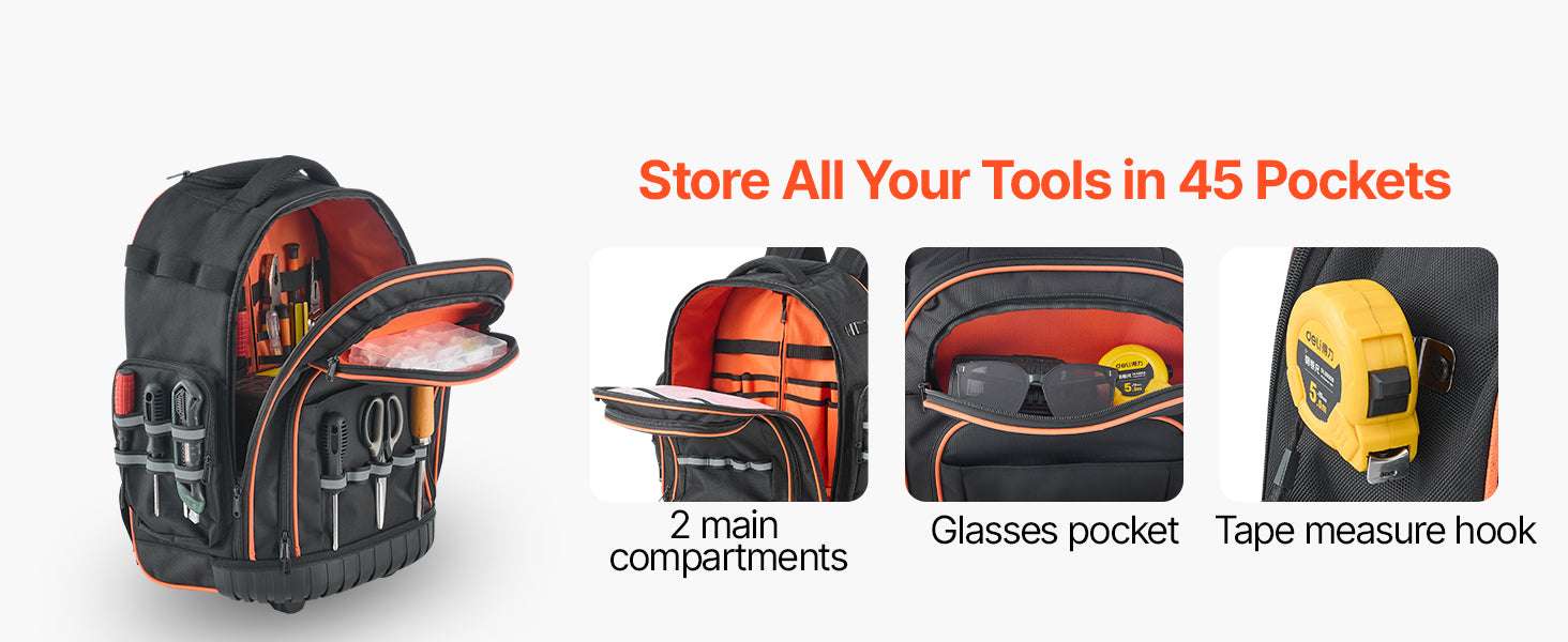 Rolling Tool Backpack with Wheels 110lb Capacity & Multi-Pocket Storage-14in 45 Pockets / CZECH REPUBLIC