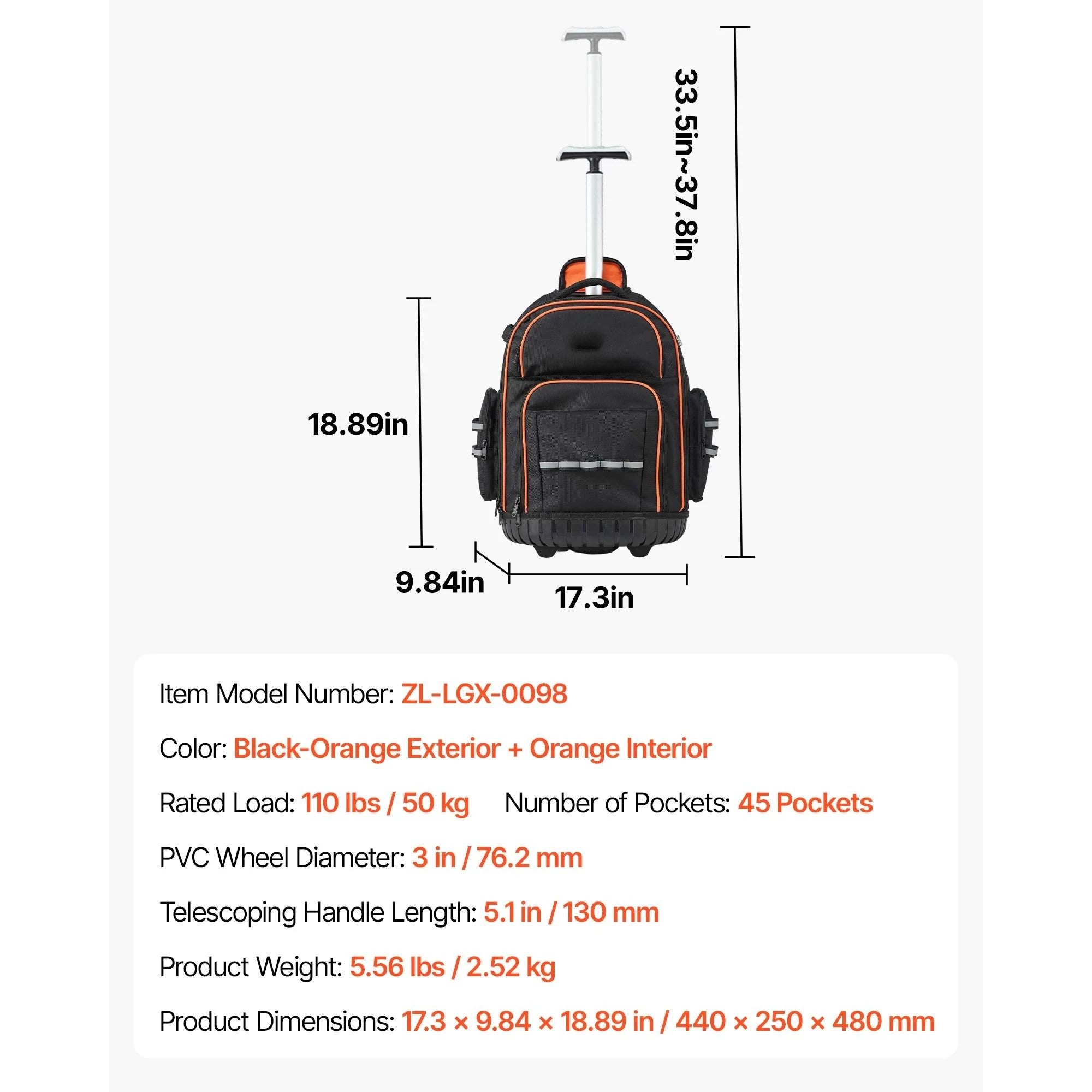 Rolling Tool Backpack with Wheels 110lb Capacity & Multi-Pocket Storage-14in 45 Pockets / CZECH REPUBLIC