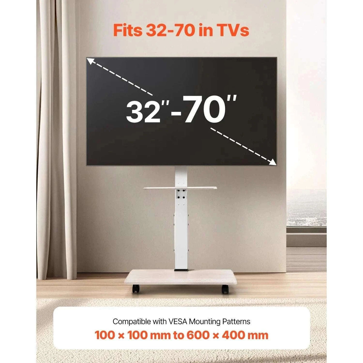 Rolling TV Stand for 32–70 Inch Screens with Wheels & Height Adjust-99 lbs / United States