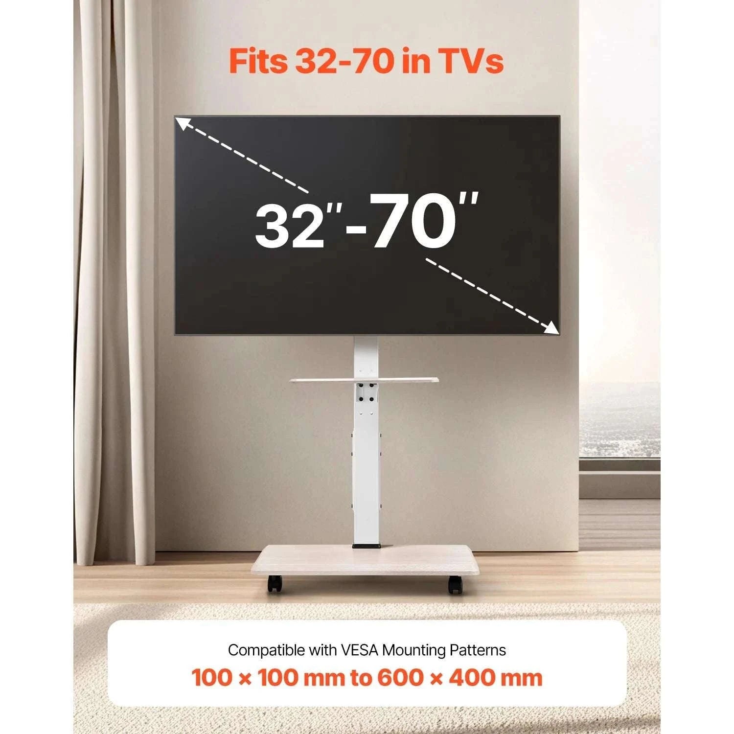Rolling TV Stand for 32–70 Inch Screens with Wheels & Height Adjust-99 lbs / United States