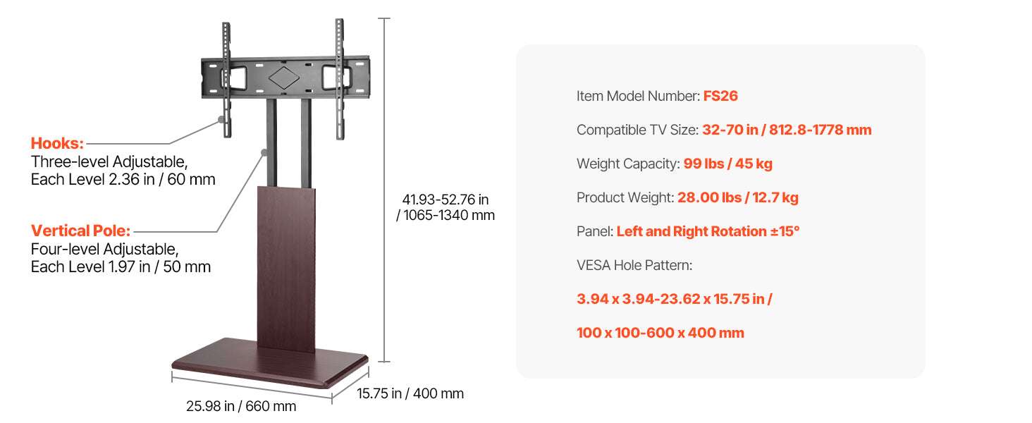 Rolling TV Stand for 32–70 Inch Screens with Wheels & Height Adjust-99 lbs / United States