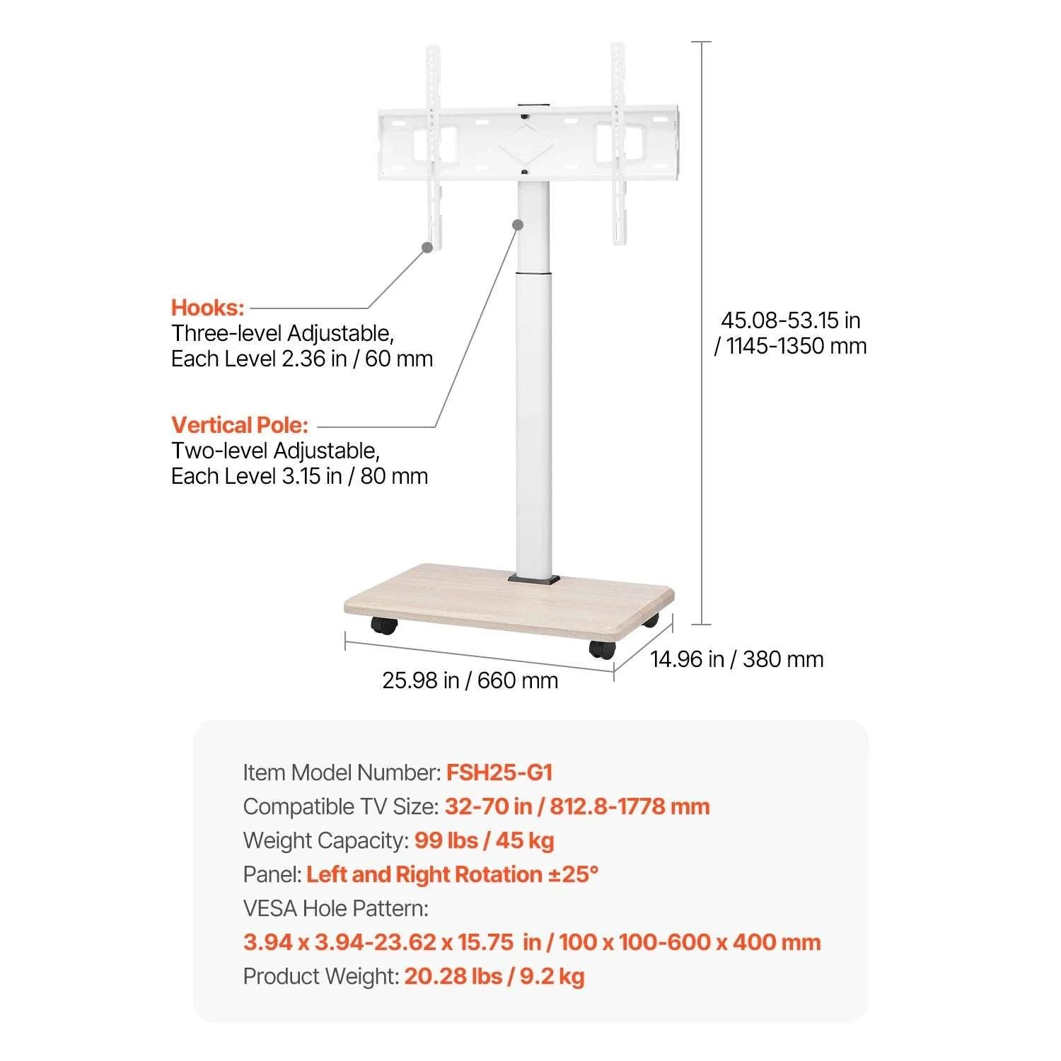 Rolling TV Stand with Wheels Adjustable Mobile TV Cart-Four Bracket / United States