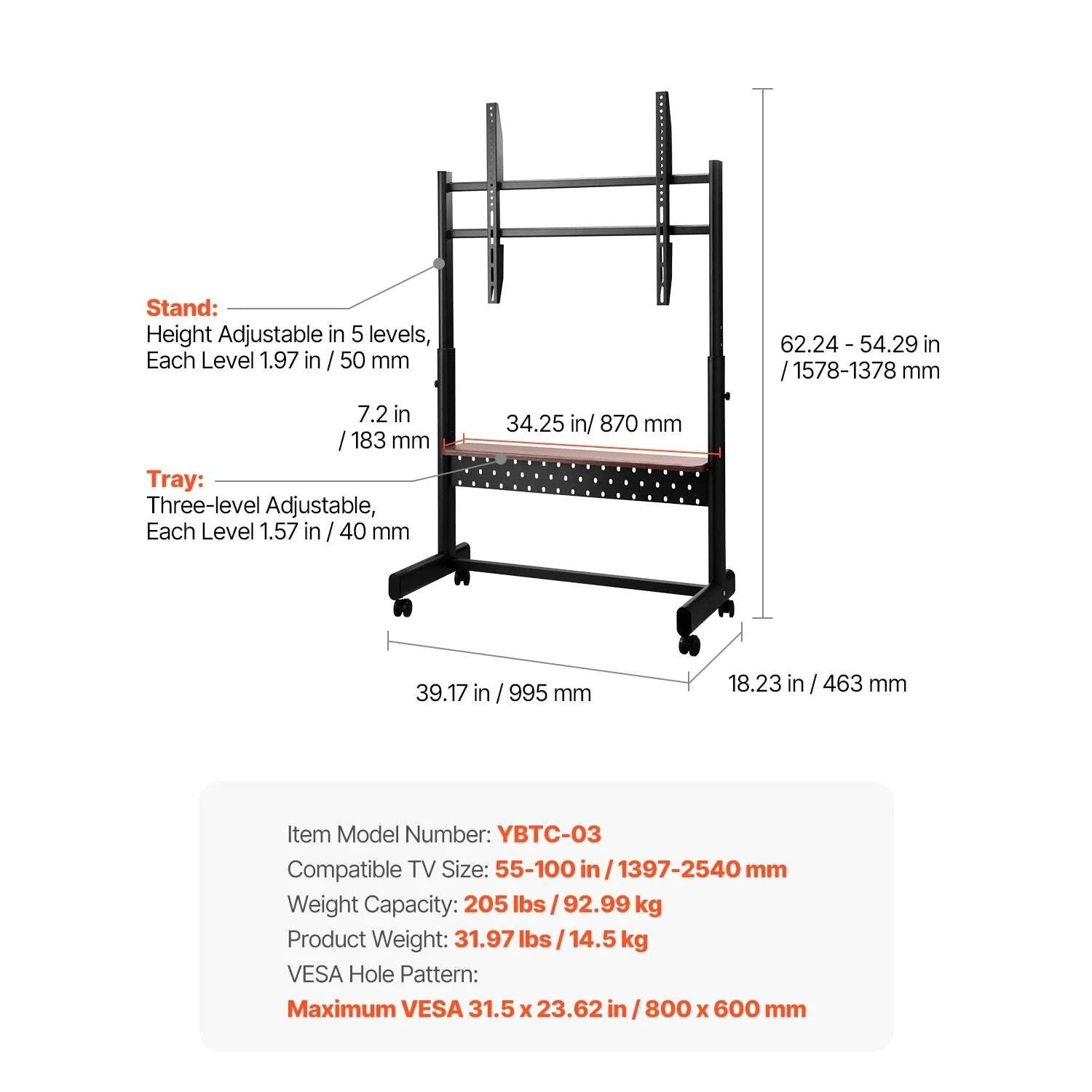 Rolling TV Stand with Wheels Adjustable Mobile TV Cart-Four Bracket / United States