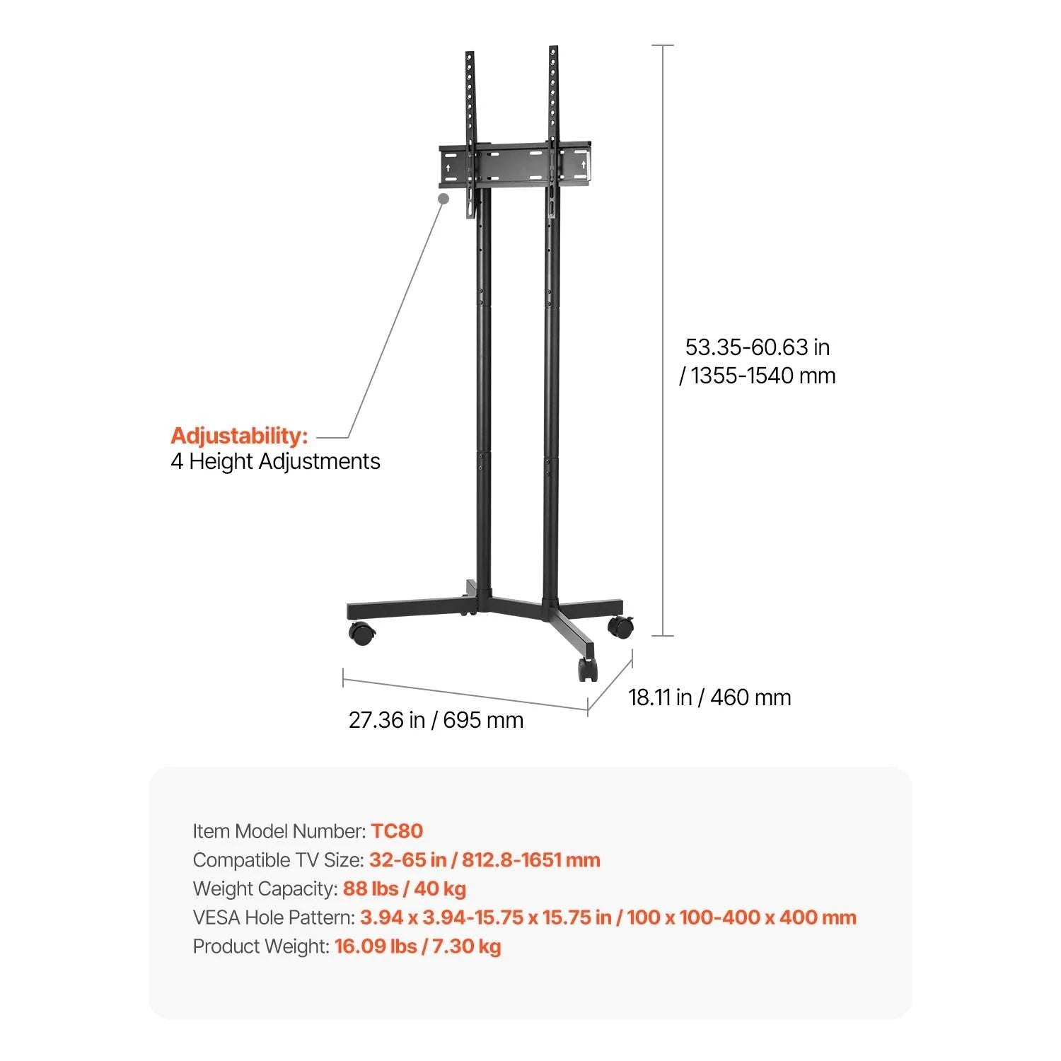Rolling TV Stand with Wheels Adjustable Mobile TV Cart-Four Bracket / United States