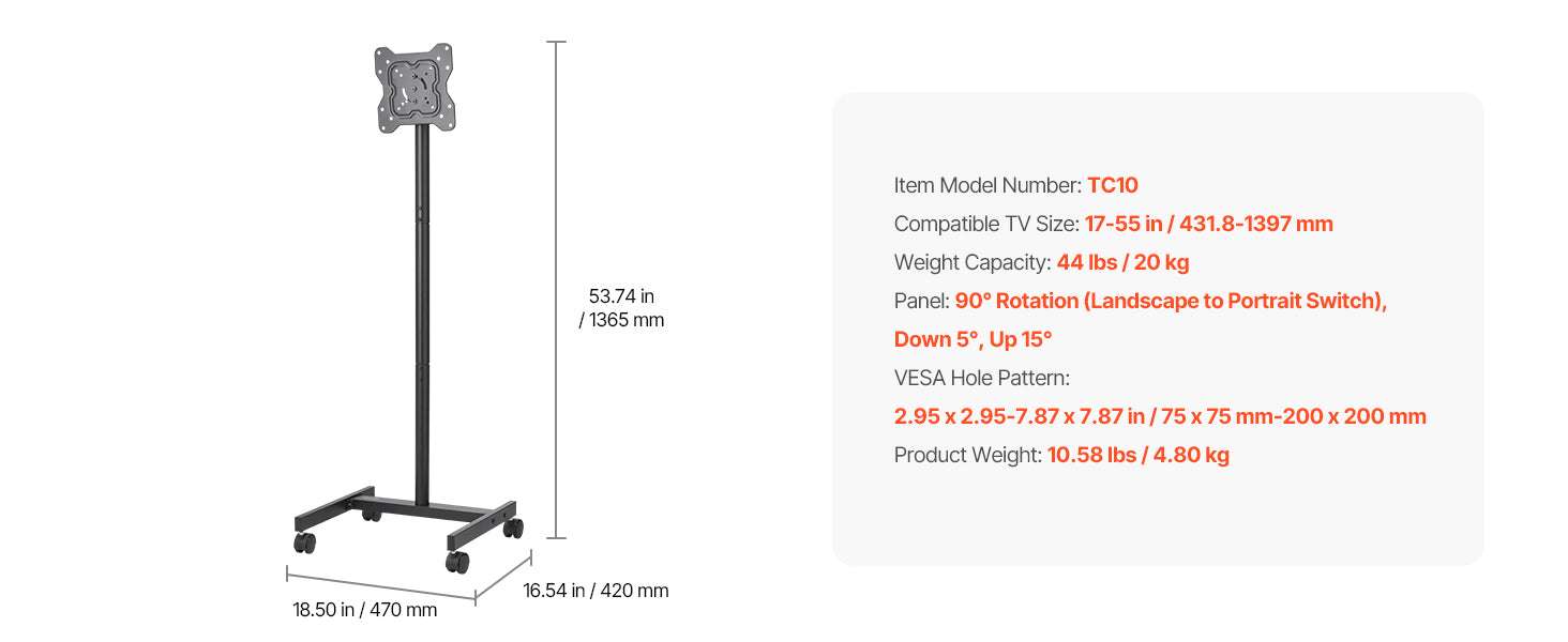 Rolling TV Stand with Wheels Adjustable Mobile TV Cart-Four Bracket / United States