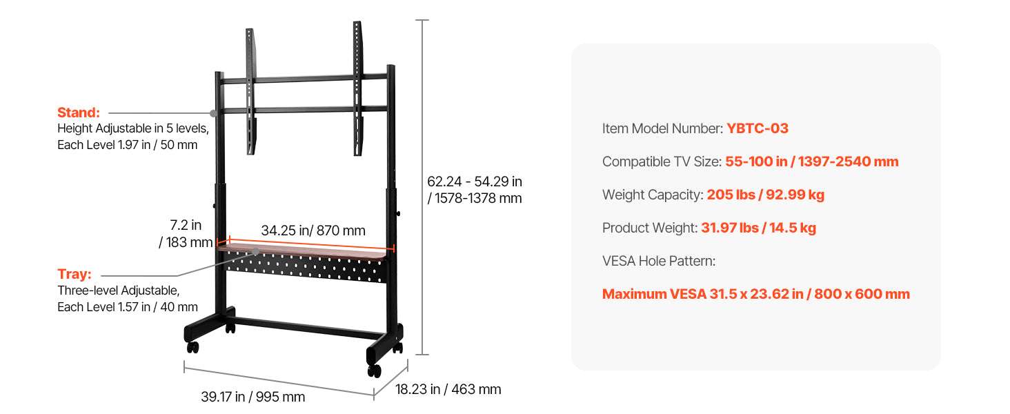 Rolling TV Stand with Wheels Adjustable Mobile TV Cart-Four Bracket / United States