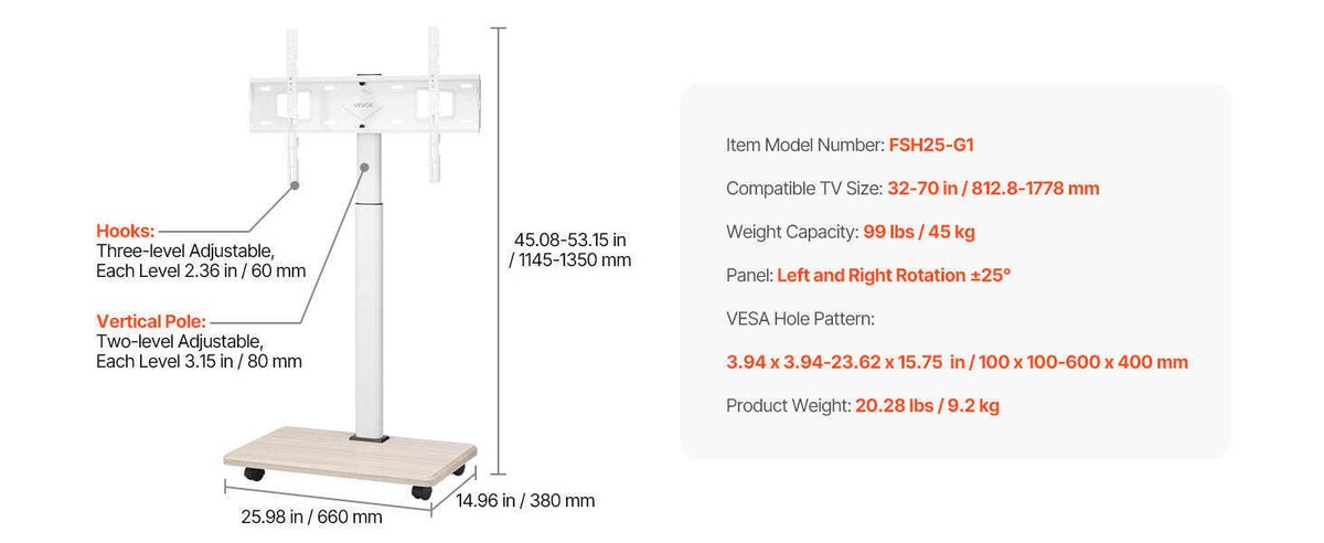 Rolling TV Stand with Wheels for 17-100 in TVs-Four Bracket / United Kingdom