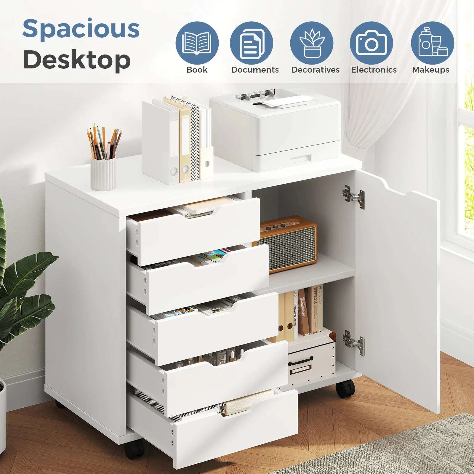 Rolling Wood File Cabinet with 5 Drawers, Shelves & Lockable Wheels-WHITE / United States