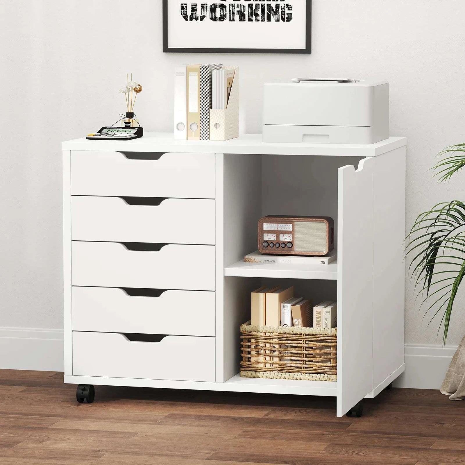 Rolling Wood File Cabinet with 5 Drawers, Shelves & Lockable Wheels-WHITE / United States