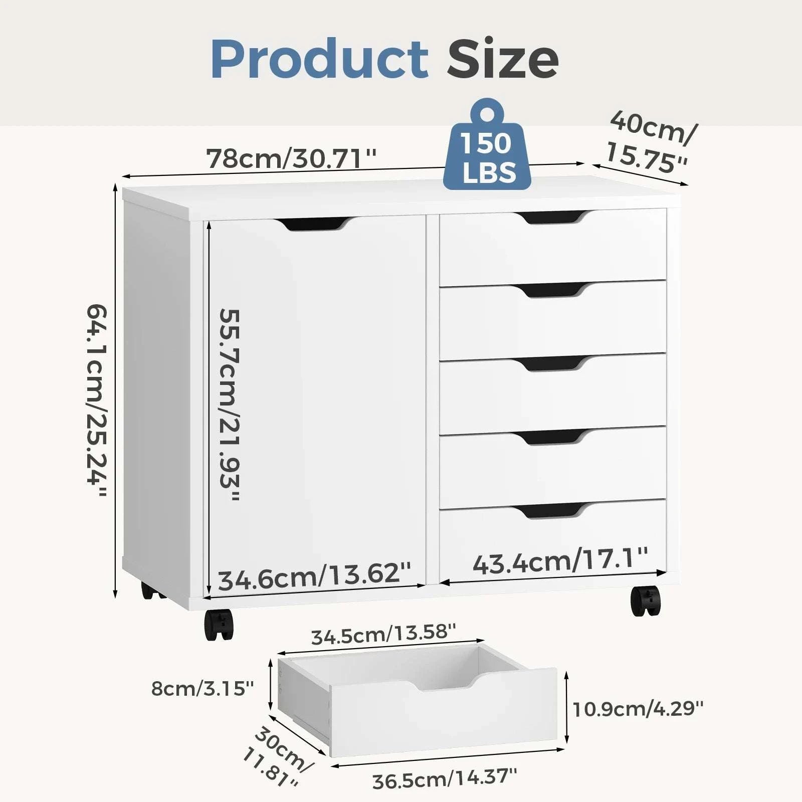 Rolling Wood File Cabinet with 5 Drawers, Shelves & Lockable Wheels-WHITE / United States
