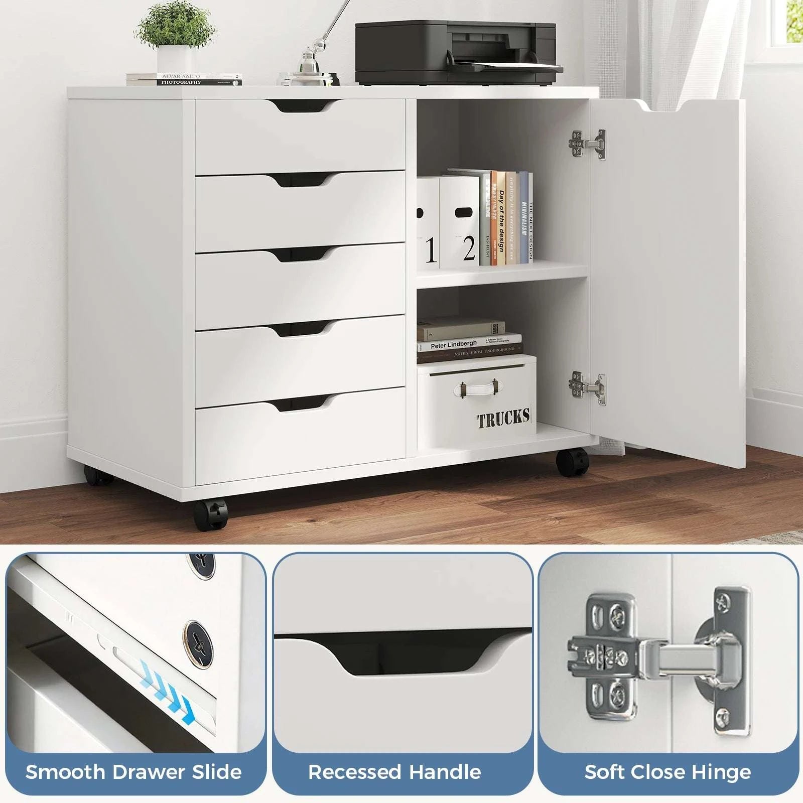Rolling Wood File Cabinet with 5 Drawers, Shelves & Lockable Wheels-WHITE / United States