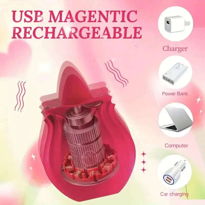 Rose Clitoral Suction & Licking Vibrator with 10 Modes-red