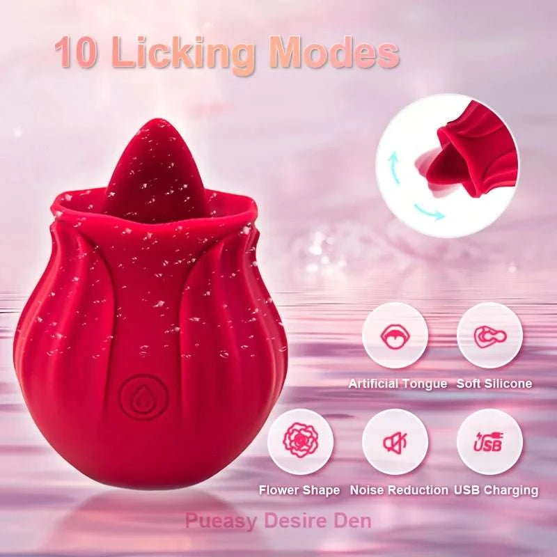 Rose Clitoral Suction & Licking Vibrator with 10 Modes-red