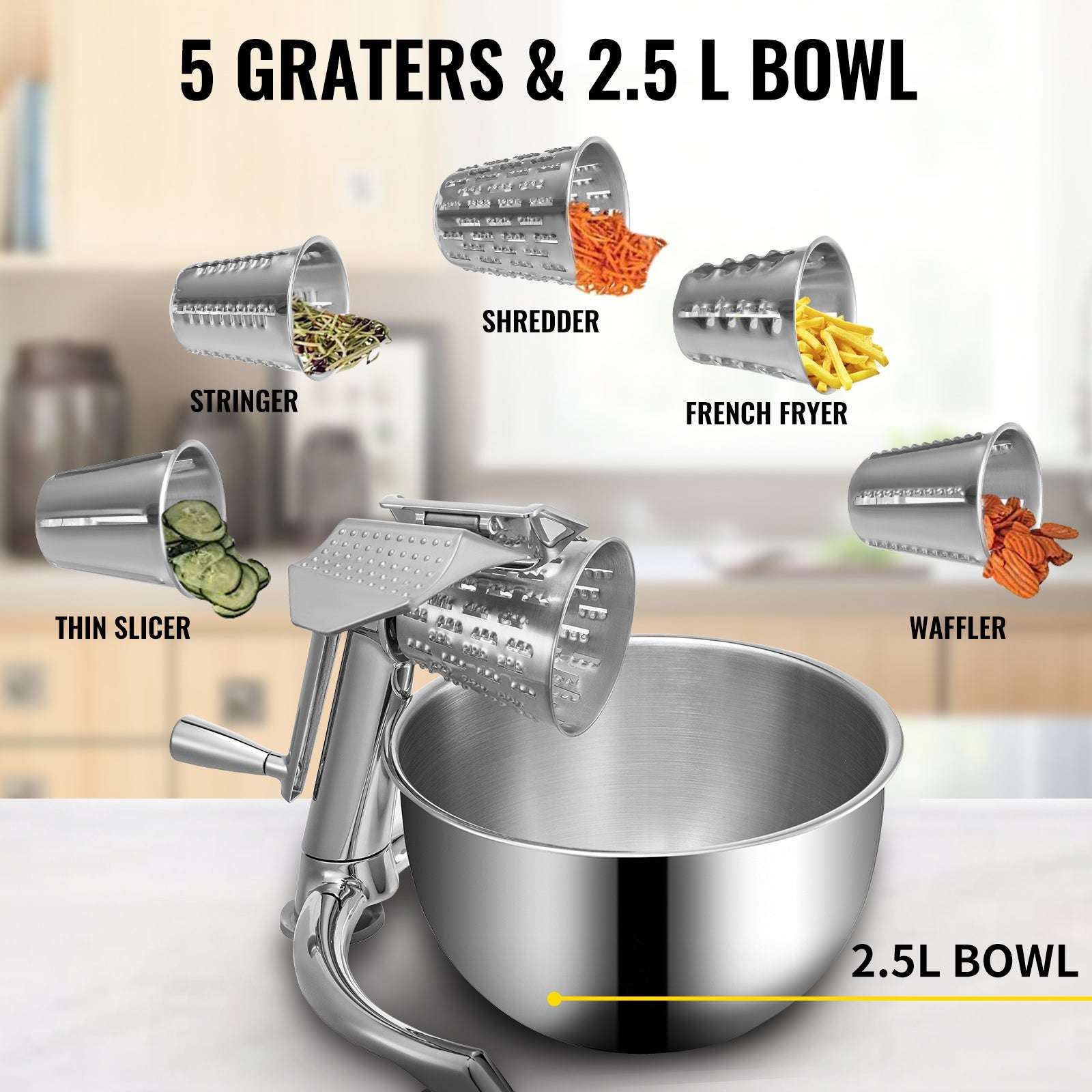 Rotary Cheese Grater with 5 Blades & 2.5L Bowl Manual Slicer-United States