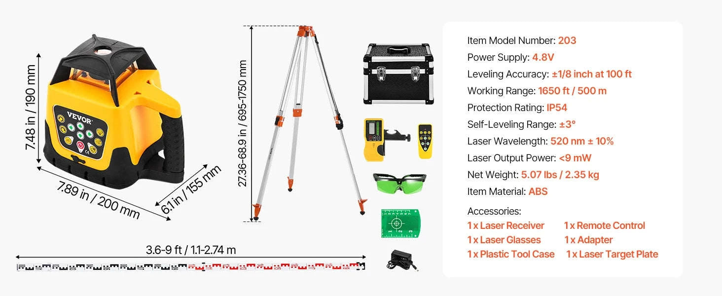 Rotary Laser Level Kit with Tripod and Staff Gauge, Red/Green Beam, 984 ft Range, Slope Adjustable, 360-Degree Spinning-Red / CZECH REPUBLIC