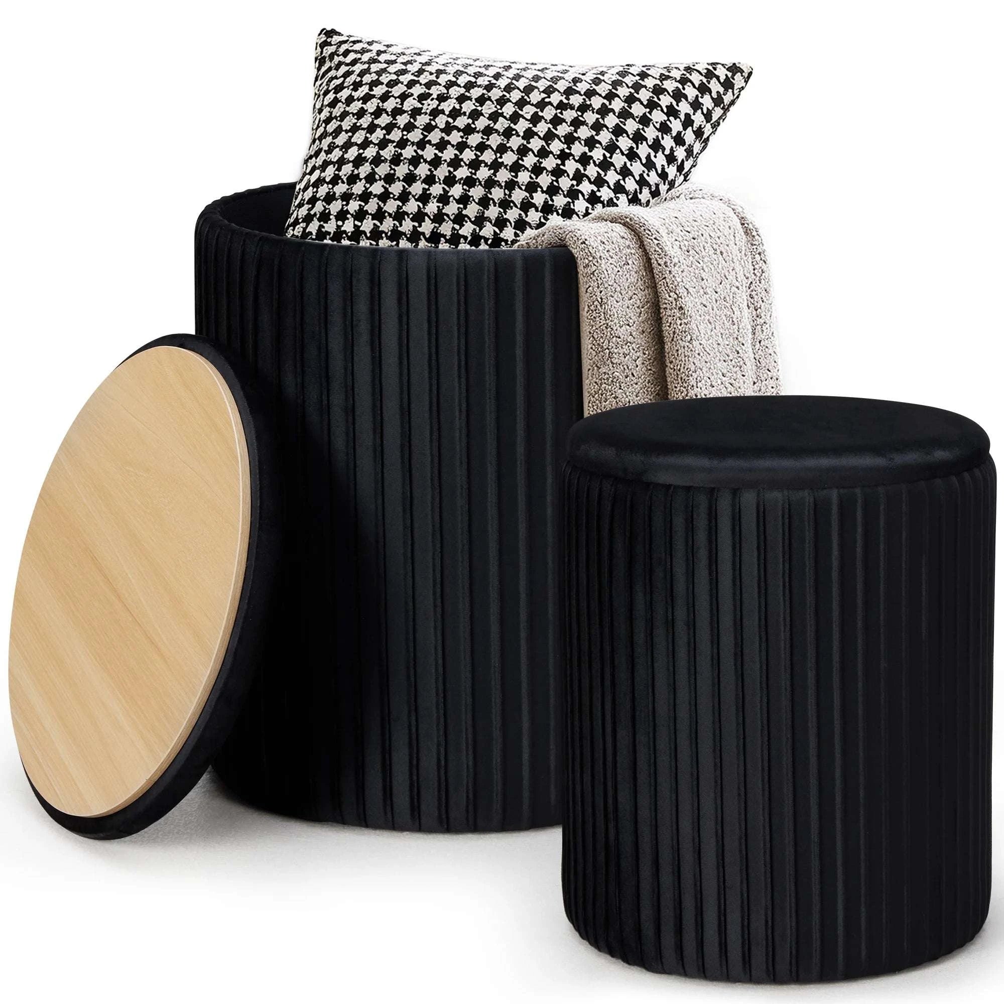 Round Ottoman Storage Set of 2 Nesting Footstools with Lids-Beige / United States
