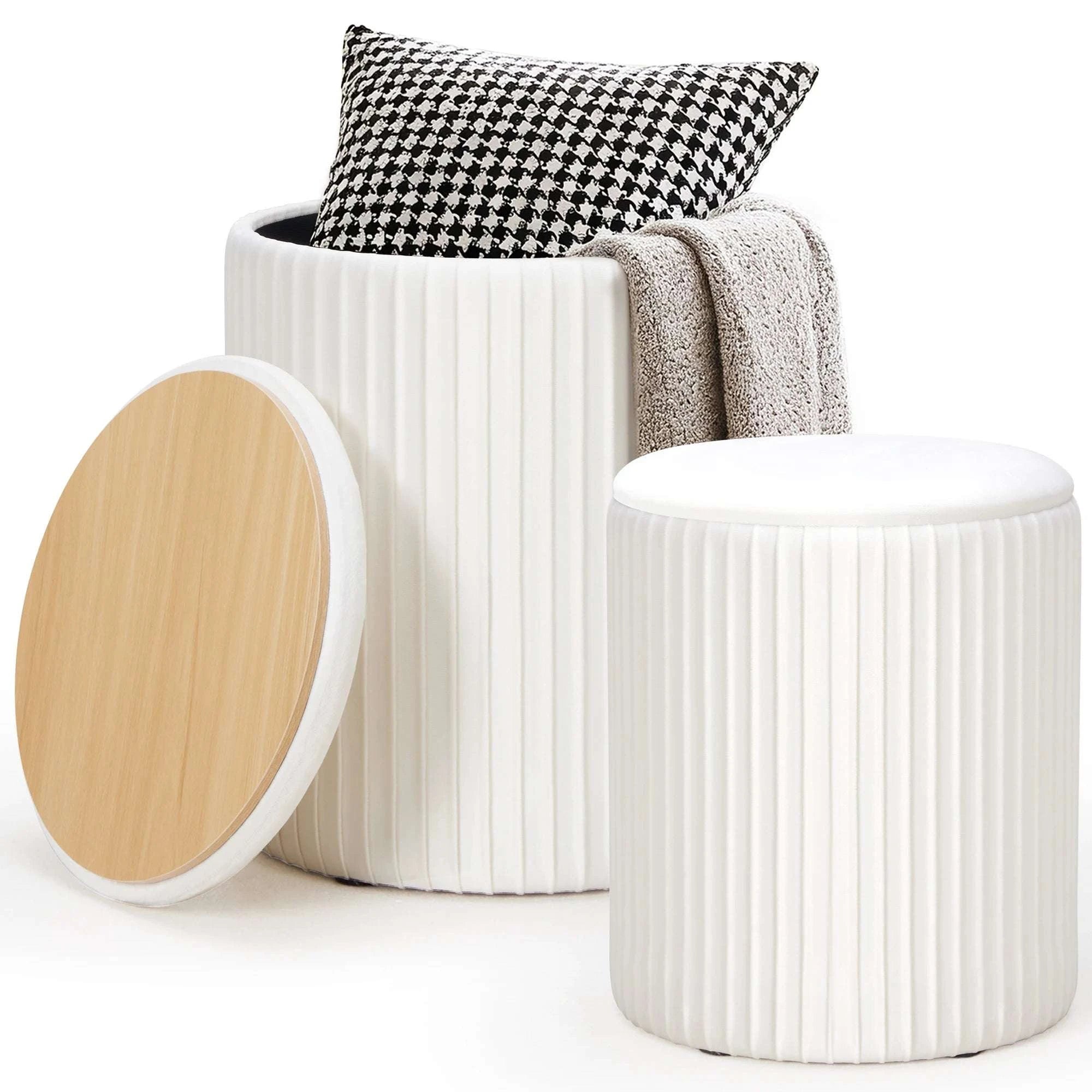 Round Ottoman Storage Set of 2 Nesting Footstools with Lids-Beige / United States