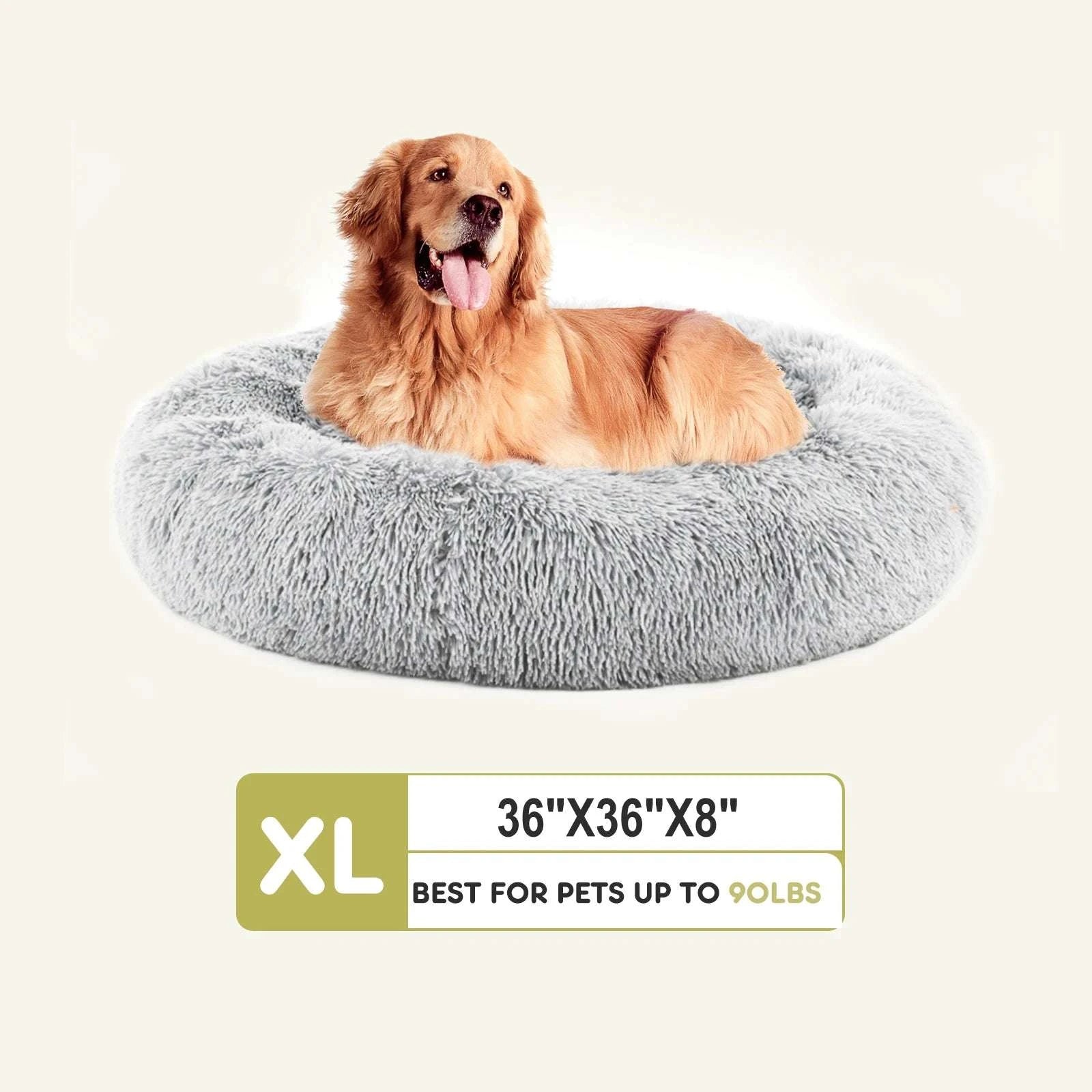 Round Plush Faux Fur Calming Dog Bed Washable Anti-Slip-GRAY / XL / United States