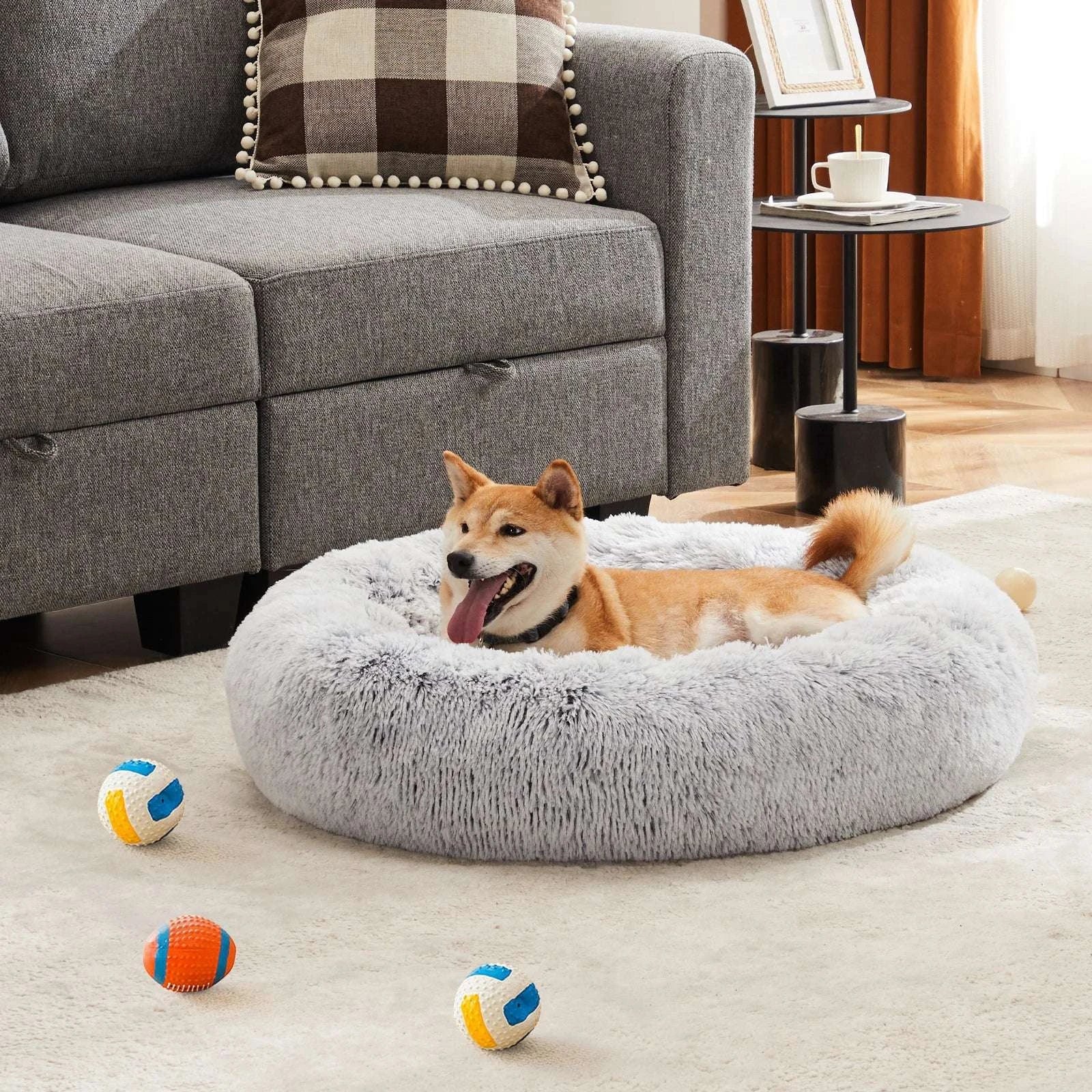 Round Plush Faux Fur Calming Dog Bed Washable Anti-Slip-GRAY / XL / United States