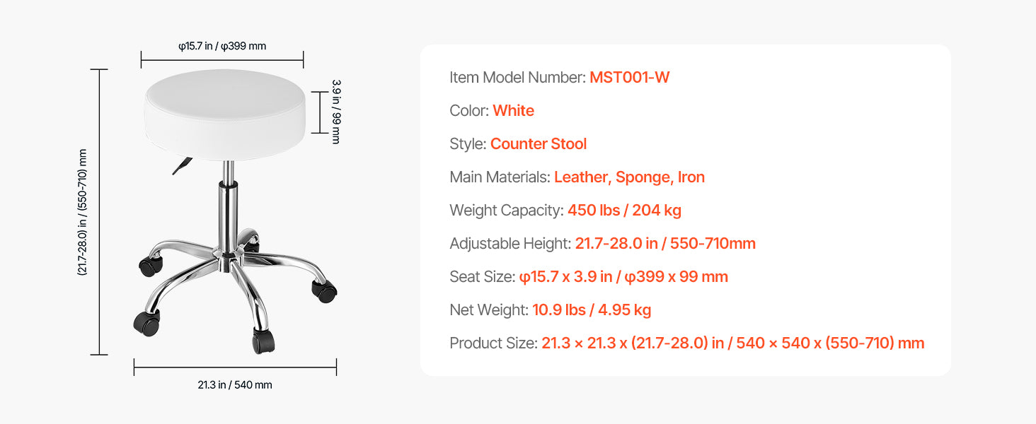Rolling Stool Chair with Wheels 450 lb Capacity Adjustable Height