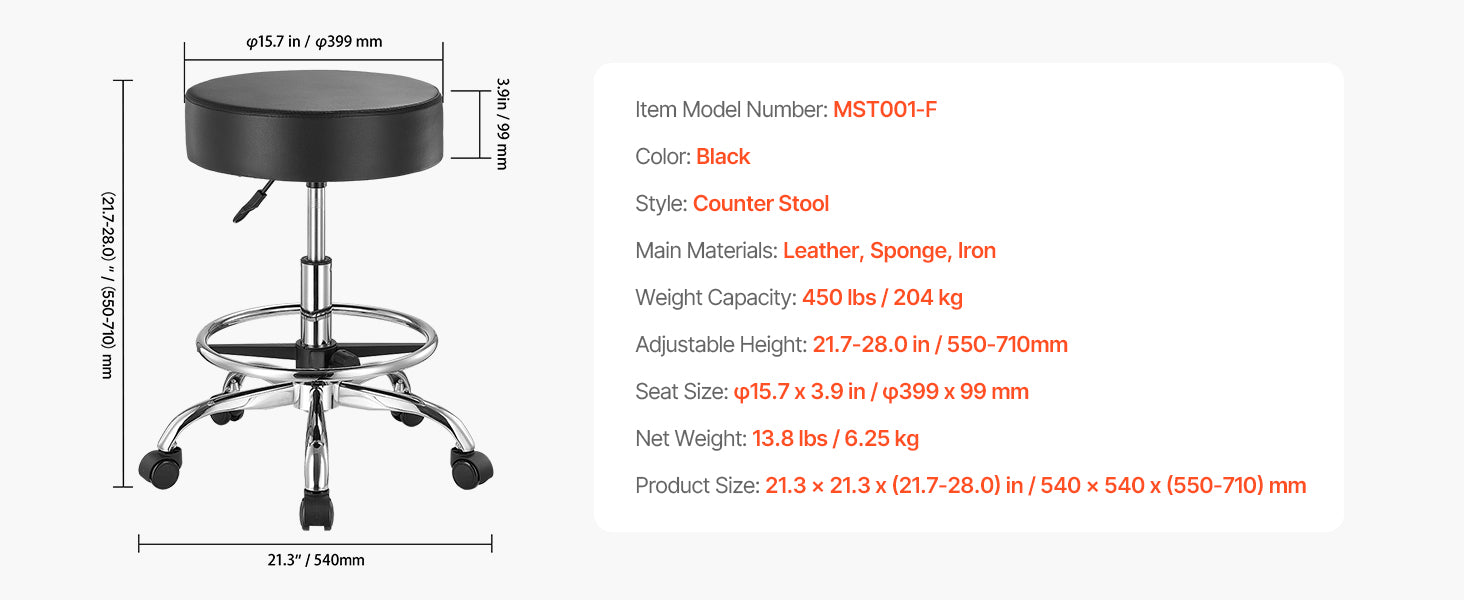 Rolling Stool Chair with Wheels 450 lb Capacity Adjustable Height