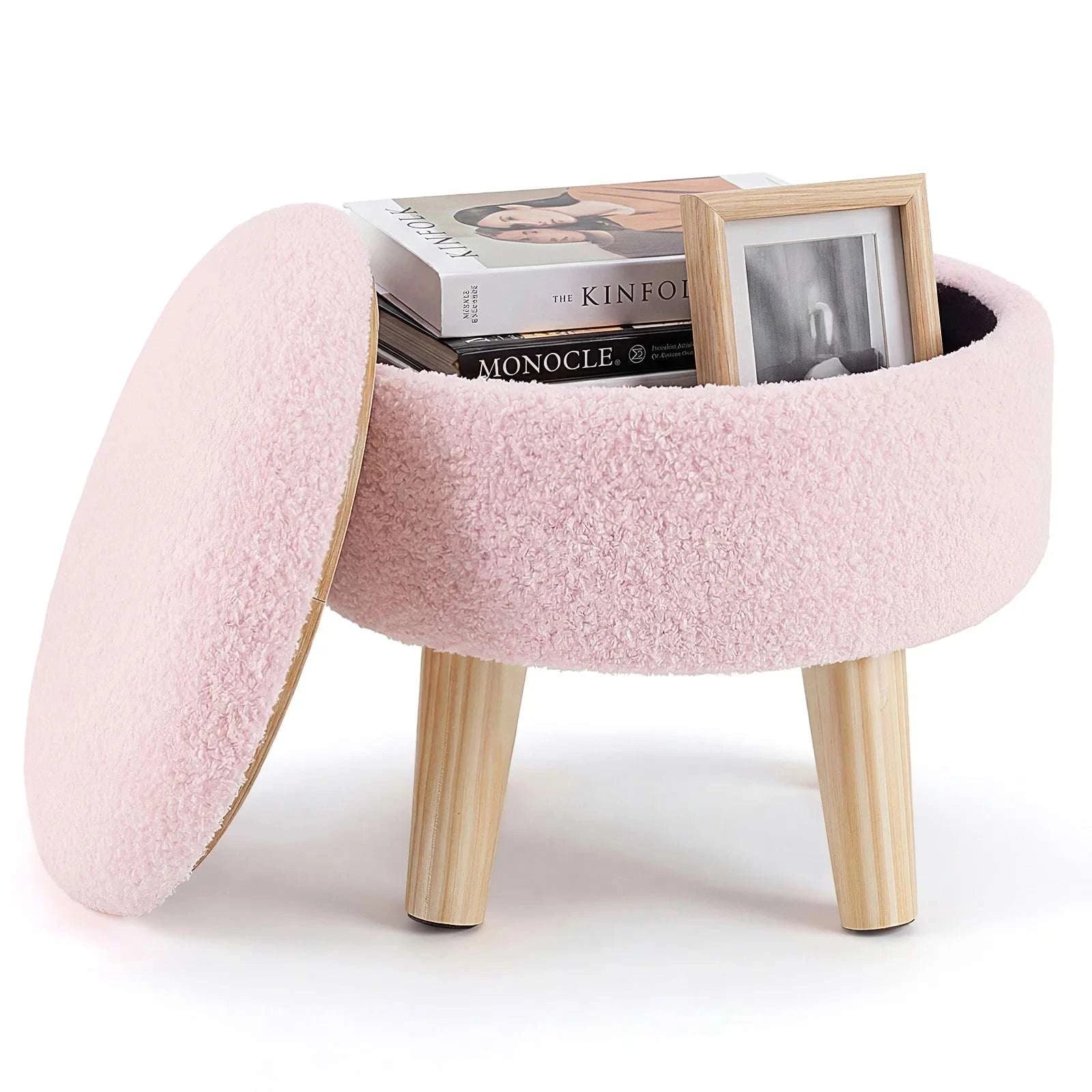 Round Storage Ottoman Stool with Hidden Storage & Wood Legs-Beige / United States