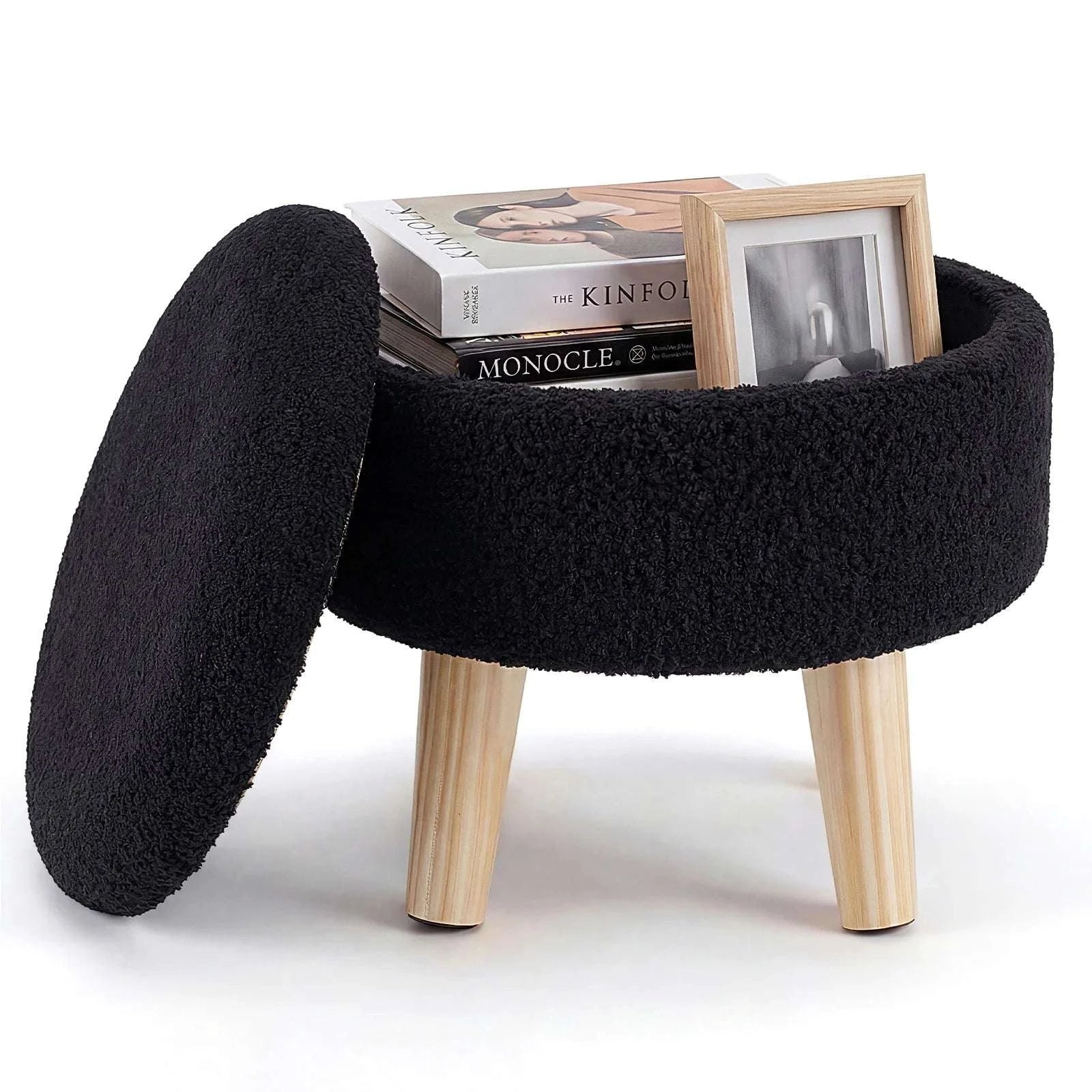 Round Storage Ottoman Stool with Hidden Storage & Wood Legs-Beige / United States