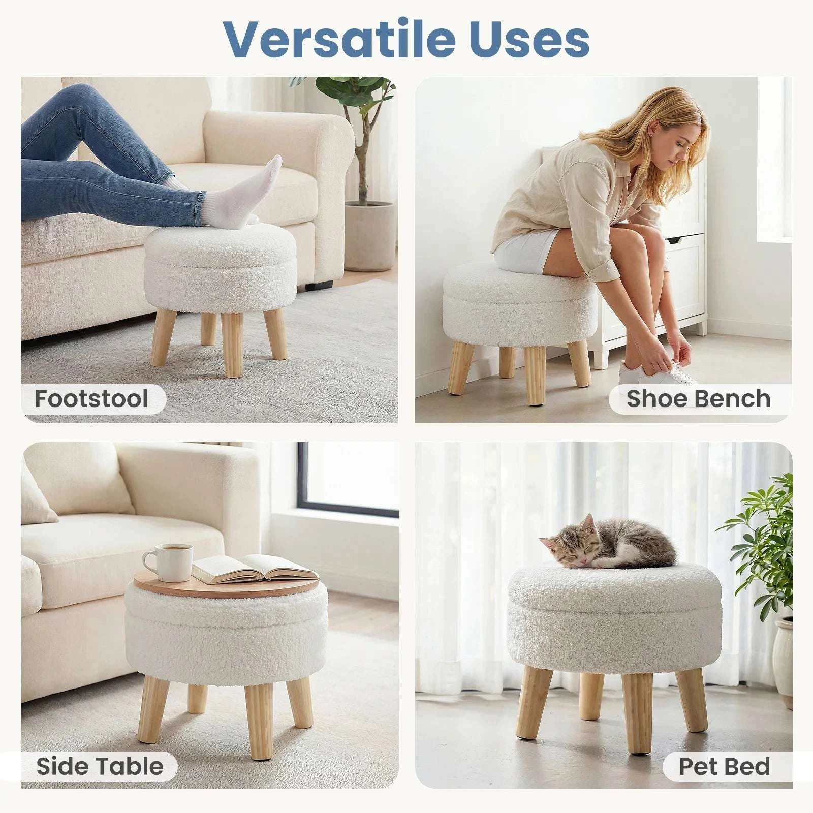 Round Storage Ottoman Stool with Hidden Storage & Wood Legs-Beige / United States