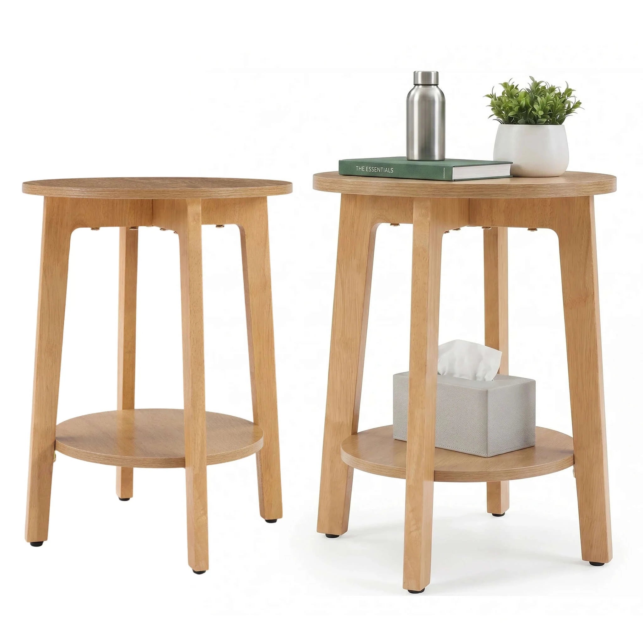 Round Wood Side Table with 2-Tier Storage Shelf for Small Spaces-2PC Wood / United States