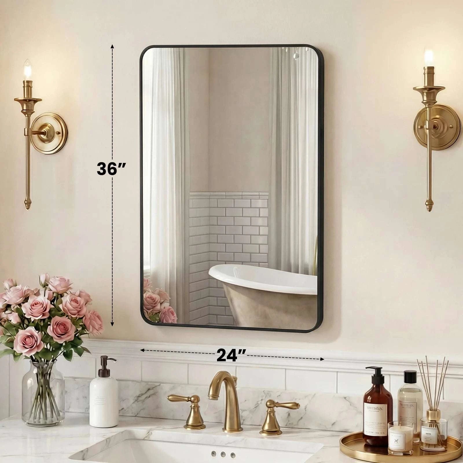 Rounded Rectangle Wall Mirror with Metal Frame, Tempered Glass-48L x 30W Black / United States