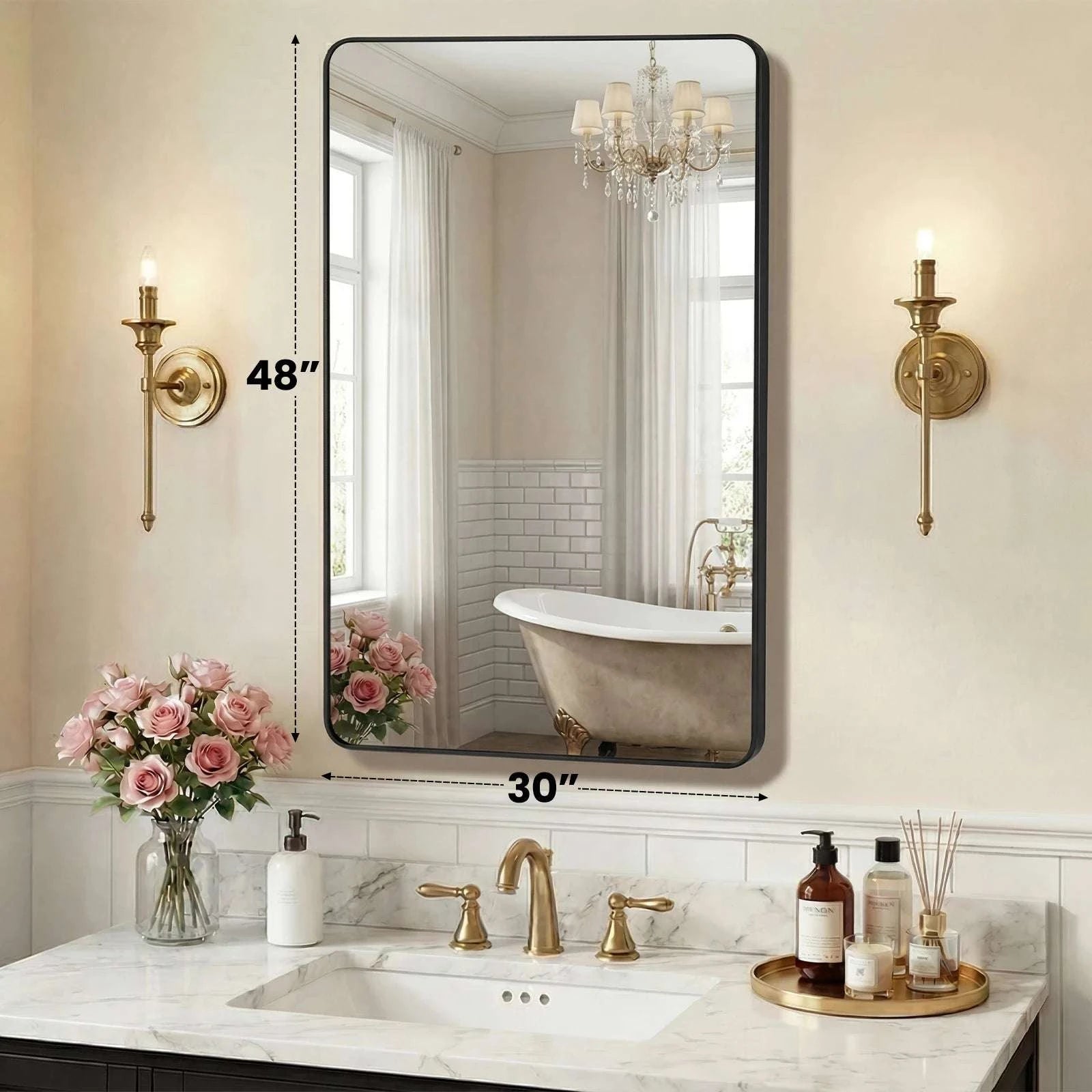 Rounded Rectangle Wall Mirror with Metal Frame, Tempered Glass-48L x 30W Black / United States