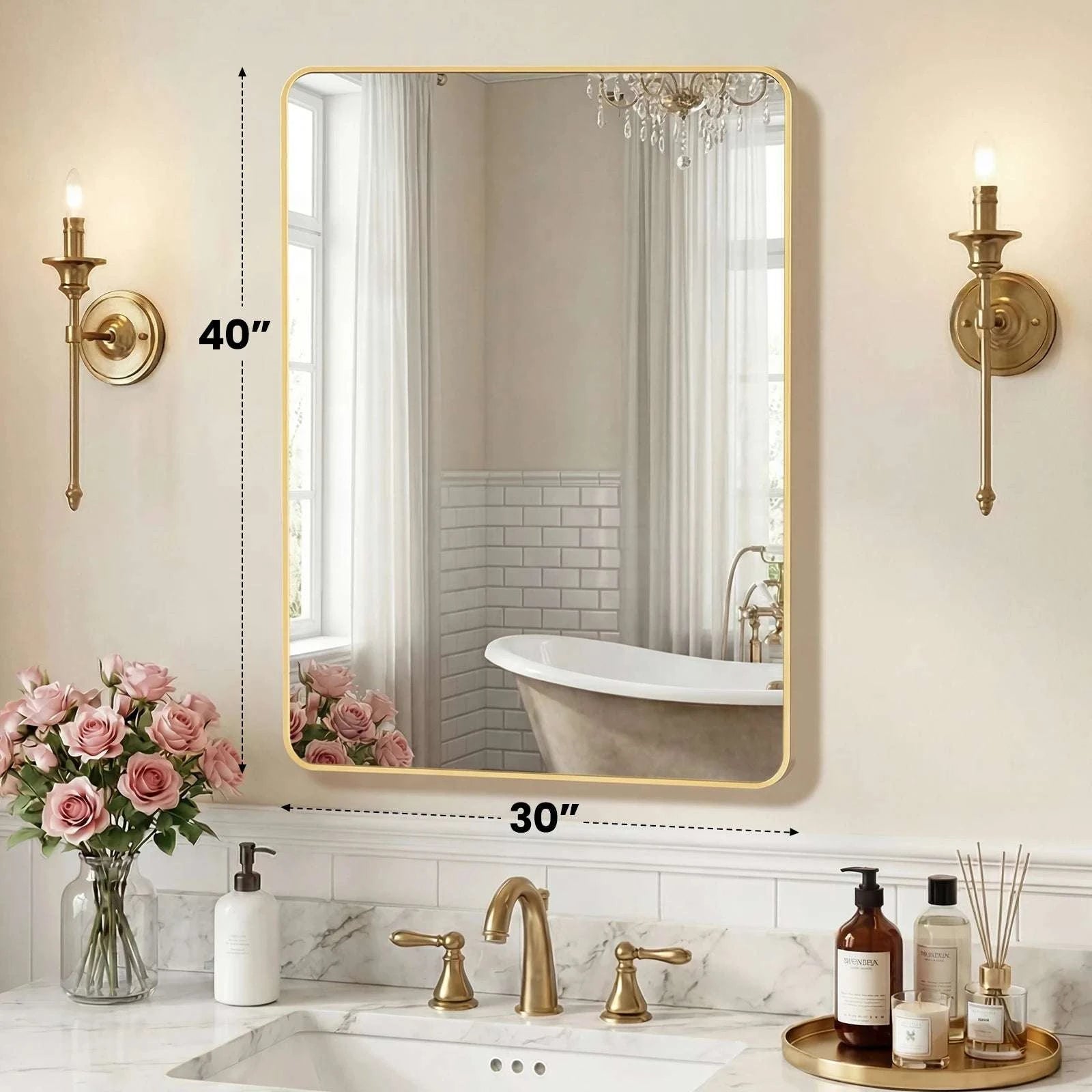 Rounded Rectangle Wall Mirror with Metal Frame, Tempered Glass-48L x 30W Black / United States