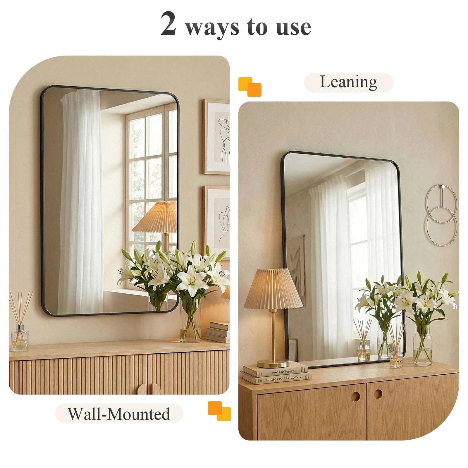 Rounded Rectangle Wall Mirror with Metal Frame, Tempered Glass-48L x 30W Black / United States