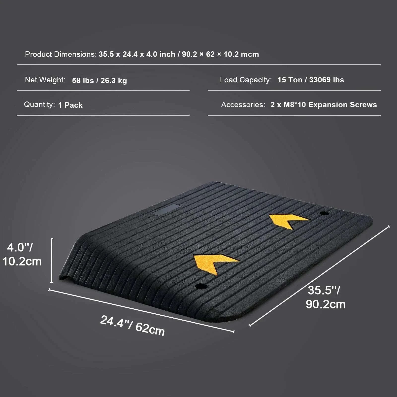 Rubber Driveway Curb Ramp 4" Rise Non-Slip Threshold for Wheels-43.3x12.6x1.5inch / United States