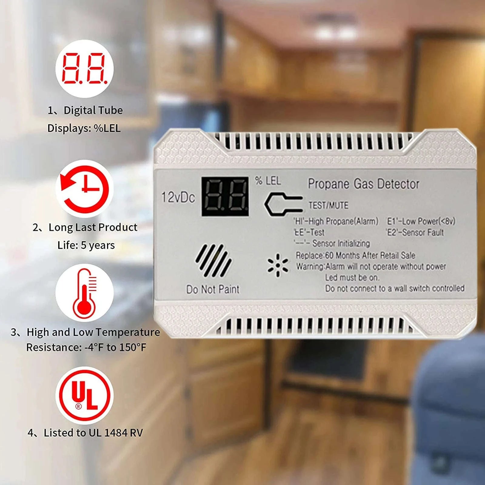 RV Propane Gas Detector 85dB Alarm DC 12V Compact Design-White