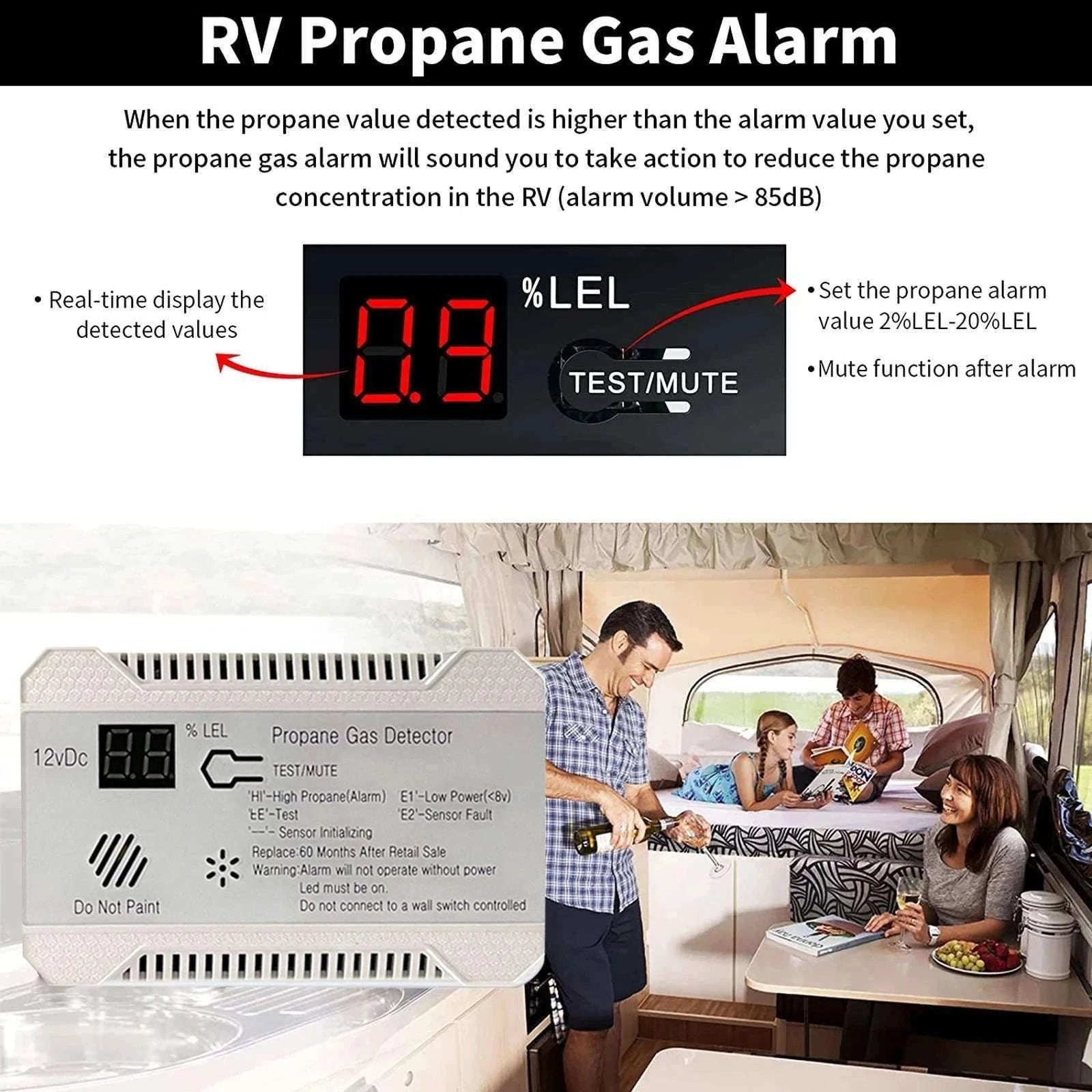 RV Propane Gas Detector 85dB Alarm DC 12V Compact Design-White