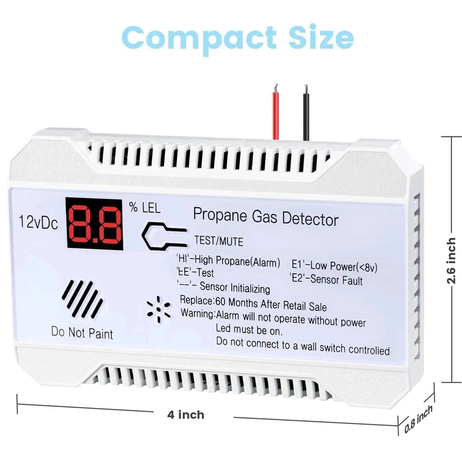 RV Propane Gas Detector 85dB Alarm DC 12V Compact Design-White