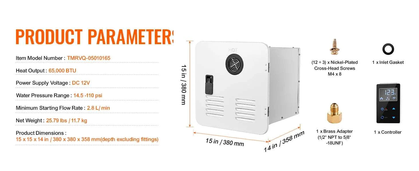 RV Tankless Water Heater 42,000 BTU Instant Hot Water 15x15-White 65000BTU / United States