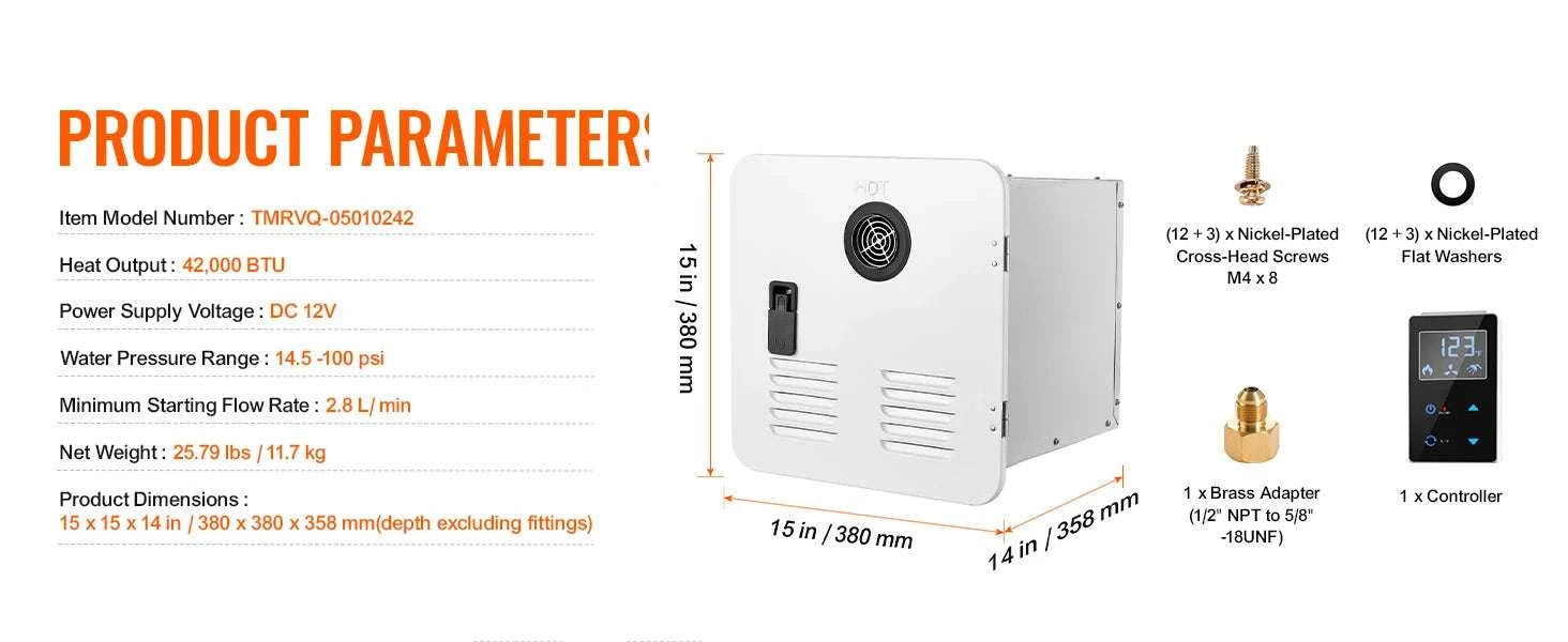 RV Tankless Water Heater 42,000 BTU Instant Hot Water 15x15-White 65000BTU / United States