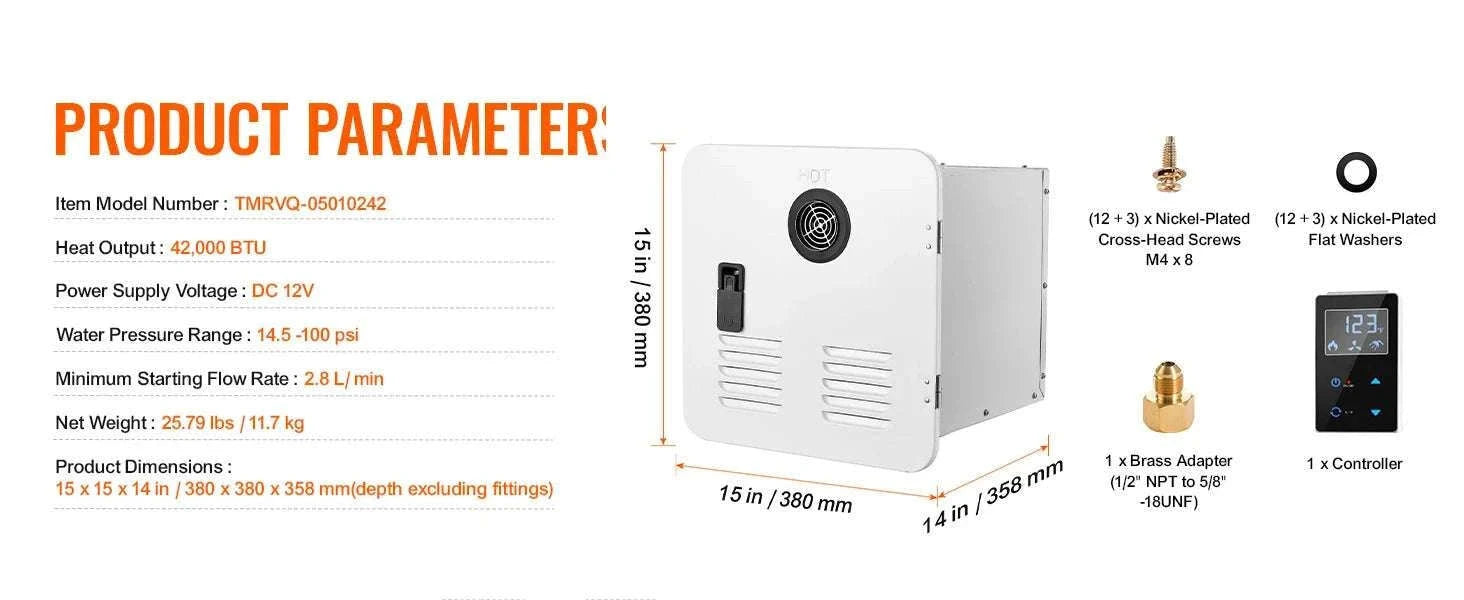 RV Tankless Water Heater 42,000 BTU Instant Hot Water 15x15-White 65000BTU / United States