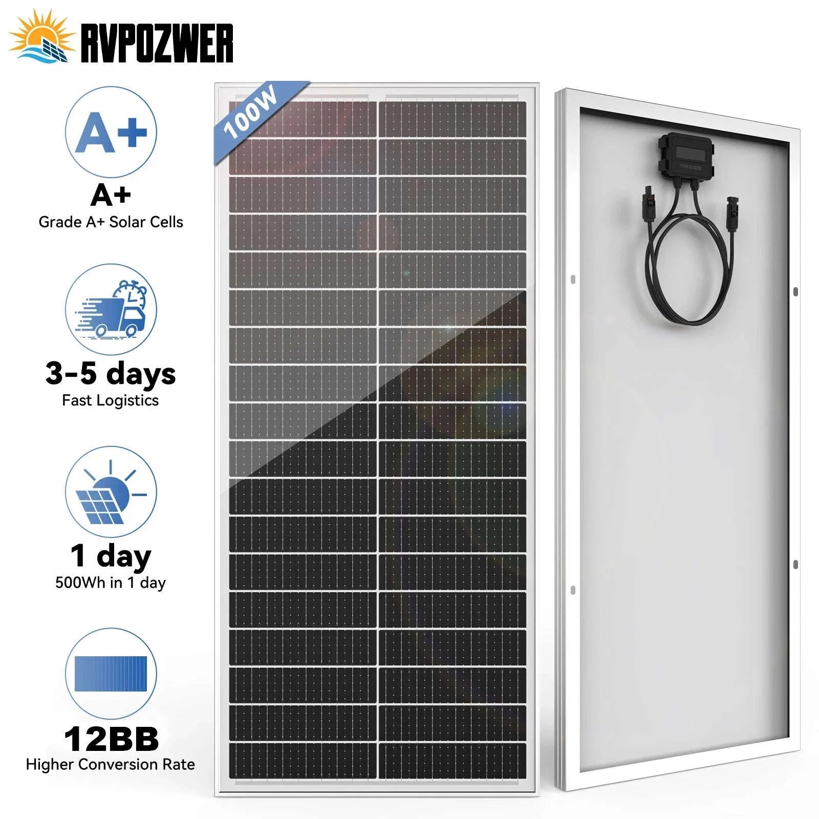 RVPOZWER 100W 12.8V 12BB Solar Cell Monocrystalline Solar Panel High Efficiency Solar Module Charge Battery for RV Trailer-100W / Germany