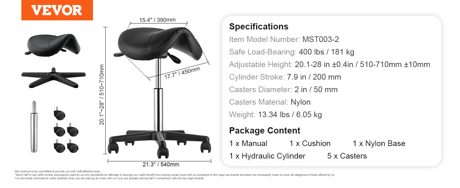 Ergonomic Saddle Stool with 5 Swivel Casters, 360° Rotation, 20.1-28 in Height Adjustable