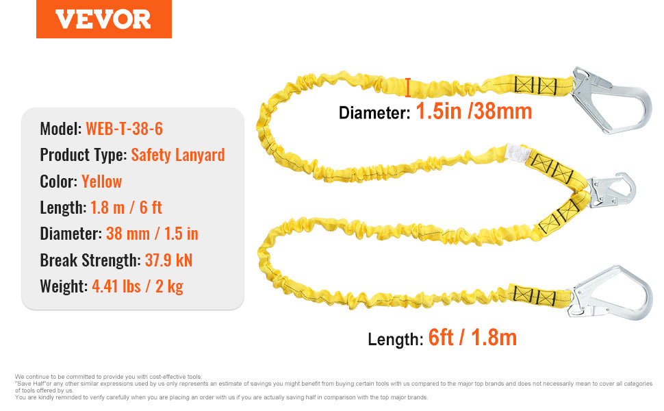 38mm Safety Lanyard 6ft Retractable Fall Protection Belt Yellow