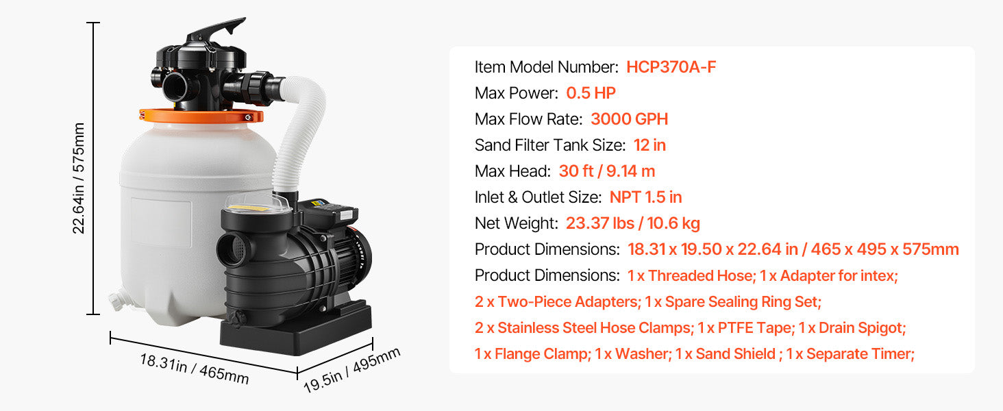 SucceBuy 12/14/16in FlashPure Sand Filter Pump with Timer for Above Ground Pool 0.5/0.75/1 HP 3000/3500/4400 GPH Media Installed